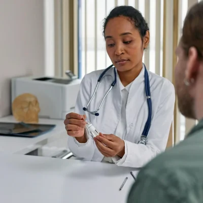 Doctor Sitting by Table with Patient